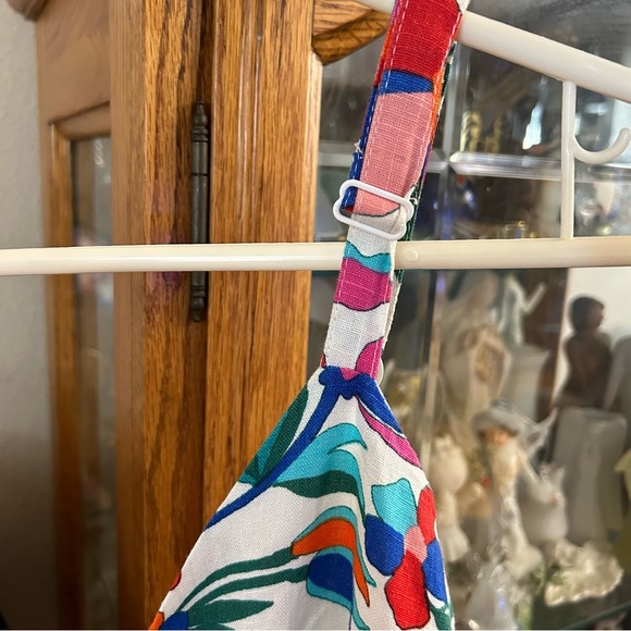 Olivaceous Linen Blend Floral Romper Tie Ruffles Adj Strap V-neck Halter Style S - Picture 5 of 14